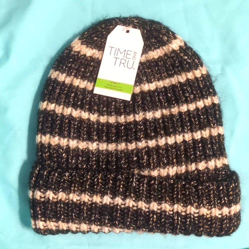 Time and Tru black soot striped knit beanie